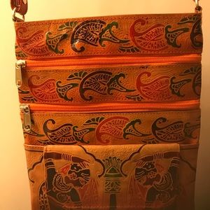 Shantiniketan Leather Boho Cross-body/Sling/Messenger Bag Hand Carved & Painted